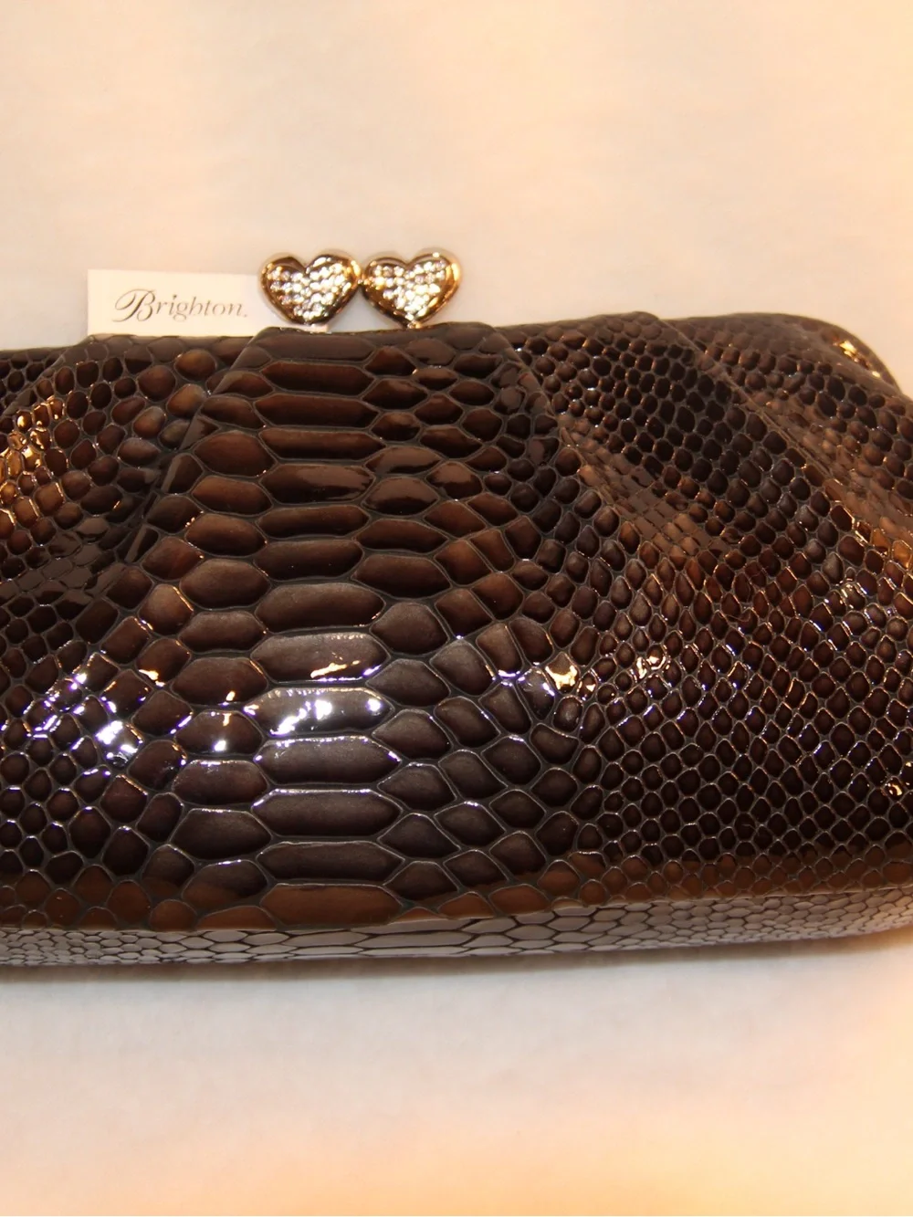 Brighton Black Faux Snakeskin Heart-Clasp Wristlet Clutch
